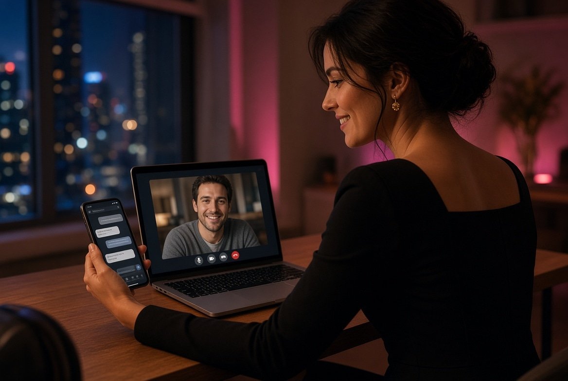 Woman comparing video and text chat on a laptop and phone.