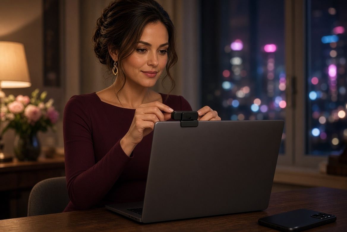 Woman adjusting a webcam privacy cover on her laptop.
